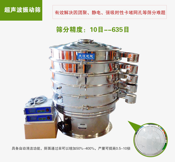 超聲波振動篩具備自動清潔功能，篩面通過率可以增加50%-400%，產(chǎn)量可提高0.5-10倍