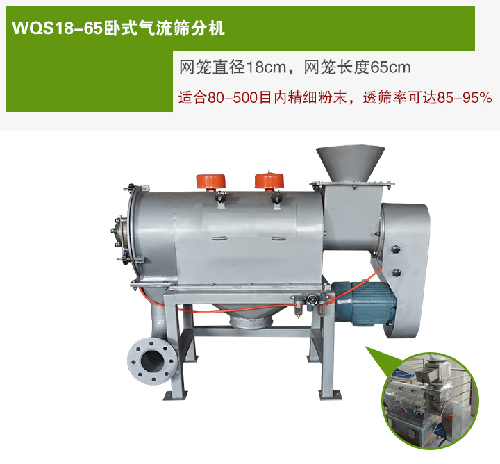 WQS18-65臥式氣流篩分機(jī)網(wǎng)籠直徑為18cm，網(wǎng)籠長(zhǎng)度為65cm